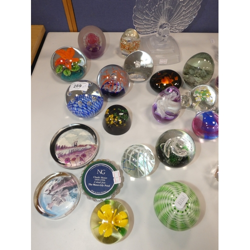 289 - Collection of art glass paperweights and modern glass animal figures.