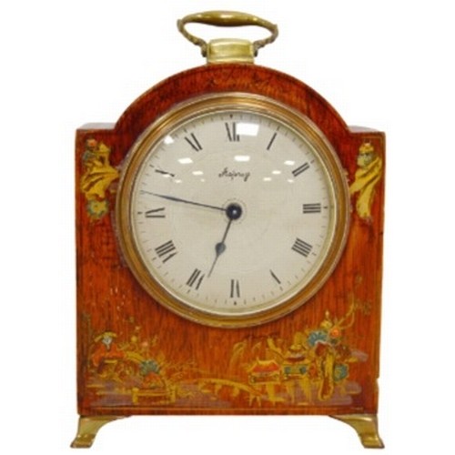 Asprey chinoiserie mantel clock with gilt feet and handle. Height approx. 17cms.