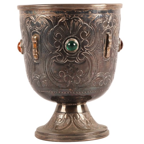 White metal chalice with glass cabochons, marked indistinctly, 20cm h
