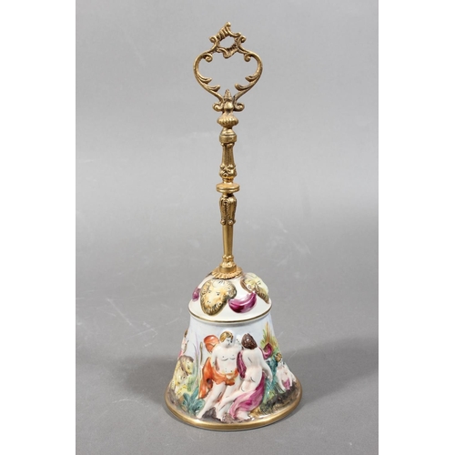 203 - Italian Capodimonte table bell decorated in relief with chariot scene, gilded brass handle, 31cm tal... 