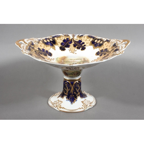 207 - English porcelain comport having central vignette with landscape scene figures in a rowing boat befo... 