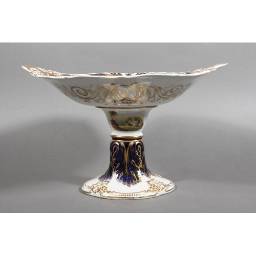 207 - English porcelain comport having central vignette with landscape scene figures in a rowing boat befo... 