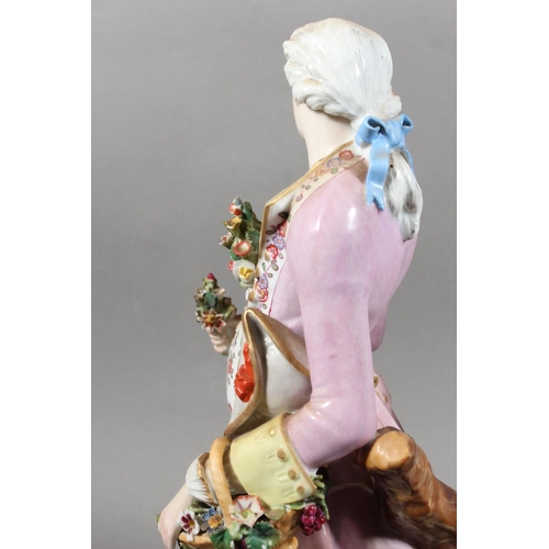 212 - Pair of 19th century porcelain figures of a lady and gentleman holding flowers, the male inscribed '... 