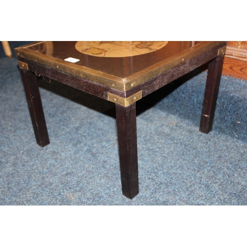 Modern glass top side table with map top, 44cm wide.