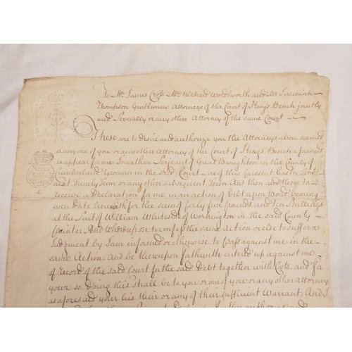103 - 18th Cent. Court Action, Cumberland.&nbsp;Single folio sheet, Attorney`s Warrant ref. a debt case be... 