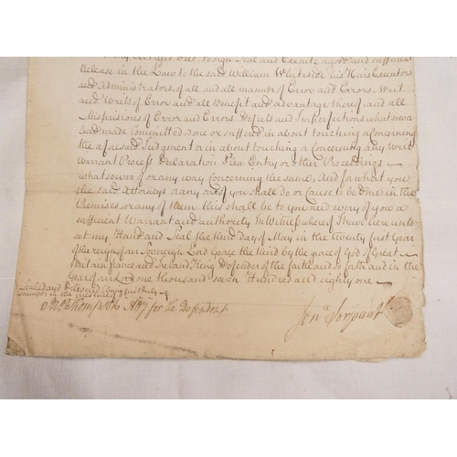 103 - 18th Cent. Court Action, Cumberland.&nbsp;Single folio sheet, Attorney`s Warrant ref. a debt case be... 