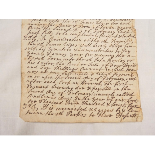 105 - 18th Cent. Manuscript Lease, ref. Land at Hawksdale, Cumberland.&nbsp;Both sides of a folio sheet wr... 