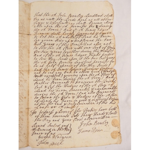 105 - 18th Cent. Manuscript Lease, ref. Land at Hawksdale, Cumberland.&nbsp;Both sides of a folio sheet wr... 