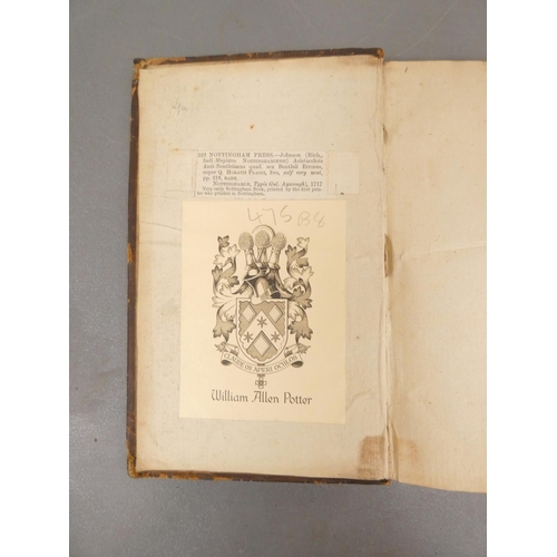 37 - <strong>NOTTINGHAM IMPRINT.  </strong>Richard Johnson, Aristarchus Anti-Bentleianus ... Bentleii Err...