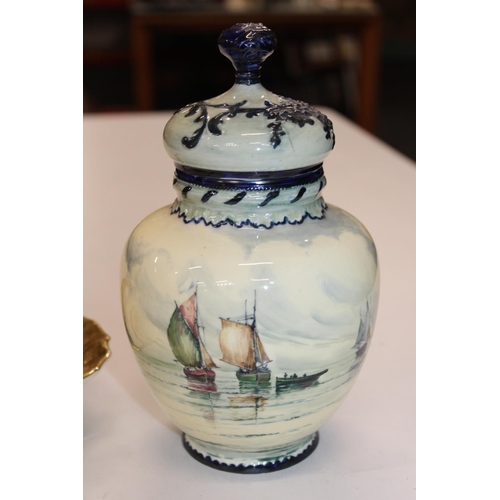 208 - Royal Crown Derby porcelain ginger jar and cover with hand painted sailing boat scene, 20cm tall and... 