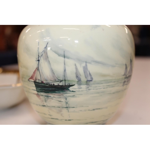 208 - Royal Crown Derby porcelain ginger jar and cover with hand painted sailing boat scene, 20cm tall and... 