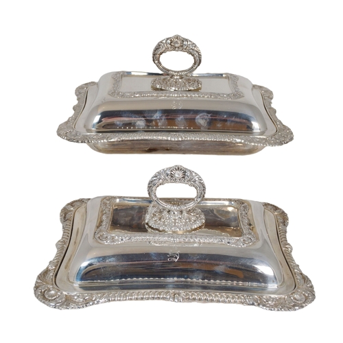 8 - Pair of Edward VII silver entrée dishes and covers of rectangular shape with scroll and gadrooned bo... 