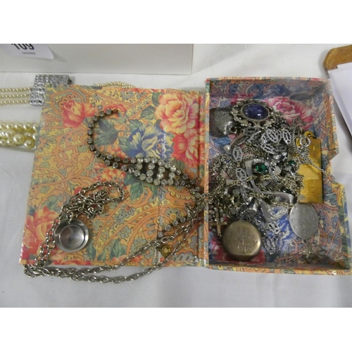 109 - Small box of faux pearls and costume jewellery.