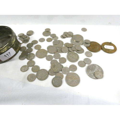 117 - Small tin of British coinage and two commemorative Cumberland medals.