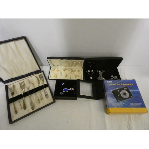 176 - Collection of various costume jewellery, boxed forks, camera etc.