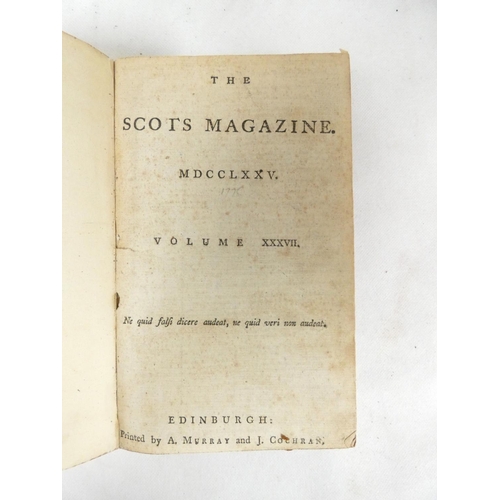 92 - THE SCOTS MAGAZINE.  Bound vol. 37. Fldg. eng. map of Thirty-miles round Boston. Poor bdg., brds. de... 