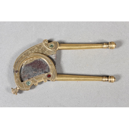 1 - Antique Indian brass betel nut cutter with steel blade.&nbsp;