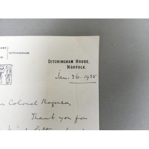99 - HAGGARD SIR HENRY RIDER.  Manuscript letter, Ditchingham House, Jan. 26 1925 to Colonel Rogerson (of... 