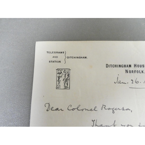 99 - HAGGARD SIR HENRY RIDER.  Manuscript letter, Ditchingham House, Jan. 26 1925 to Colonel Rogerson (of... 