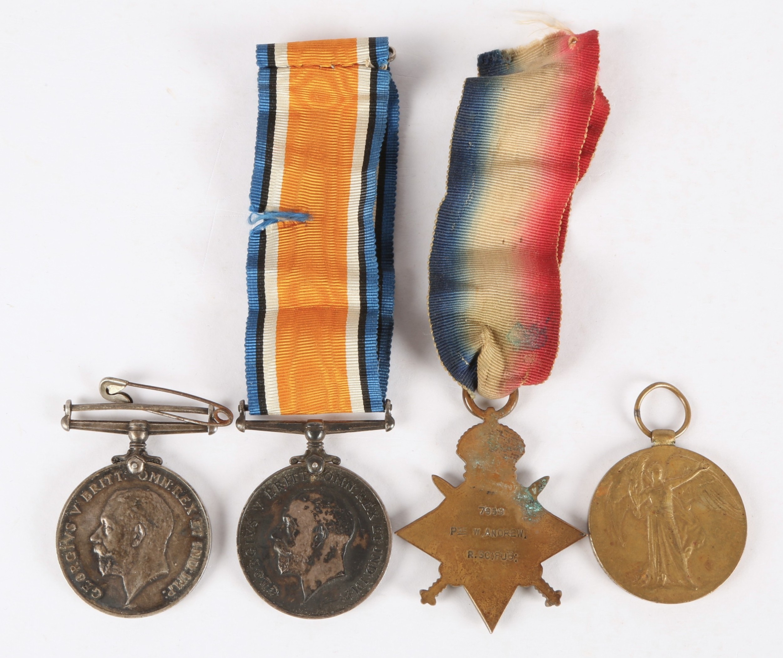 British WWI medals, two inscribed to 7999 PTE. W. ANDREW R. S. FUS ...