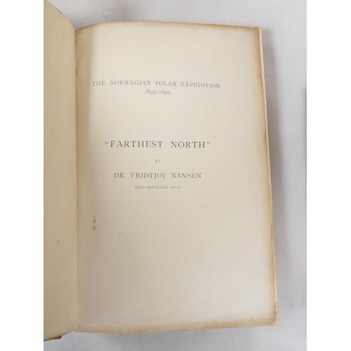 74 - NANSEN F.  Farthest North. 2 vols. Fldg. linen map, plates (one in colour) & text illus. Rubbed ... 