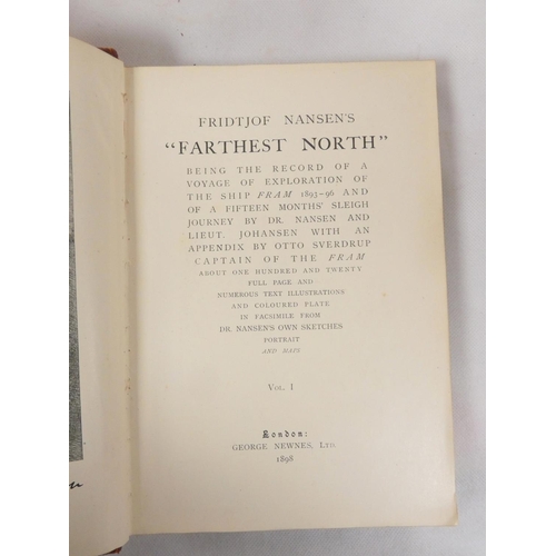 74 - NANSEN F.  Farthest North. 2 vols. Fldg. linen map, plates (one in colour) & text illus. Rubbed ... 