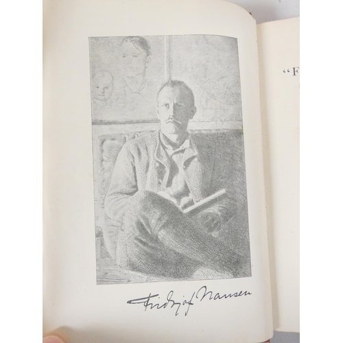 74 - NANSEN F.  Farthest North. 2 vols. Fldg. linen map, plates (one in colour) & text illus. Rubbed ... 