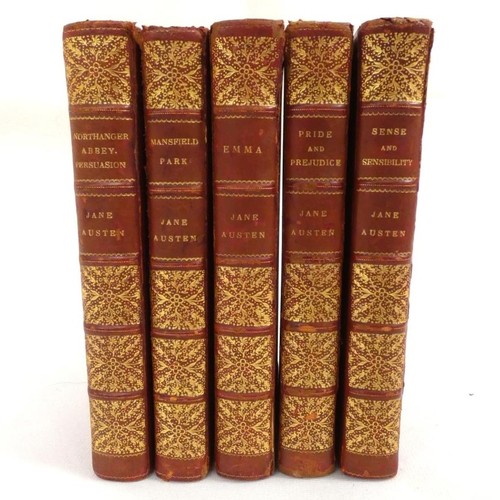 AUSTEN JANE.  Jane Austen's Works. 5 vols. Half-titles. colour frontis. to each by C. E. Brock (owner`s inscription to reverses). Red half calf gilt by Sotheran, a.e.g., some wear & some upper brds. near det. Robert Riviere & Son, c.1900.