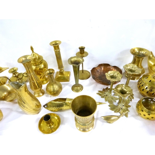 317 - Large box of brassware, vases, ducks, candlesticks etc.