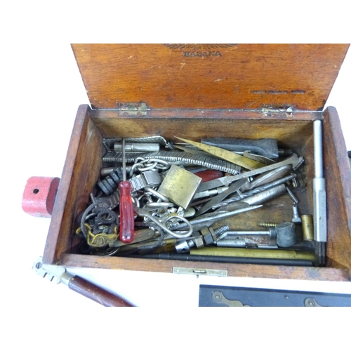 343 - Small box of curios and hand tools.