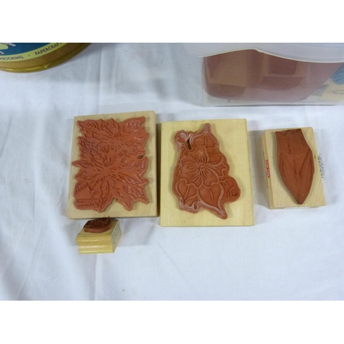 359 - Box of stamps and tub of scrapbook scissors.