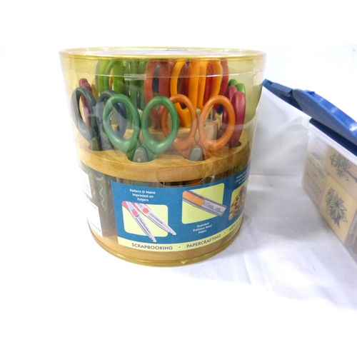 359 - Box of stamps and tub of scrapbook scissors.