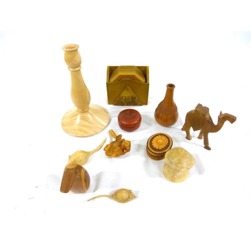 62 - Small box of carved treen to include candlestick, mice, frog, camel etc.