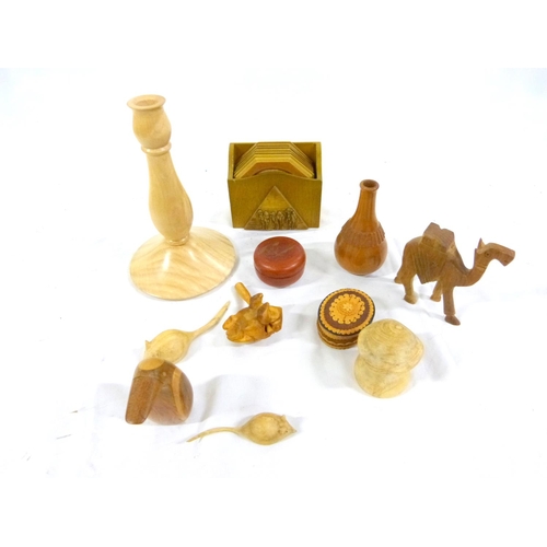 62 - Small box of carved treen to include candlestick, mice, frog, camel etc.