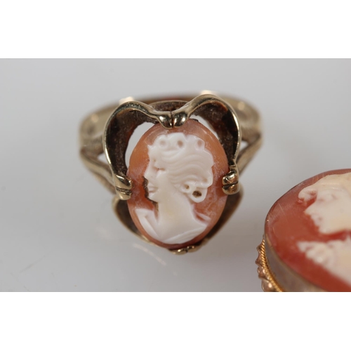 470 - 9ct yellow gold cameo set pendant on chain, 9ct old cameo set ring and pair of earrings, 11.3g.
