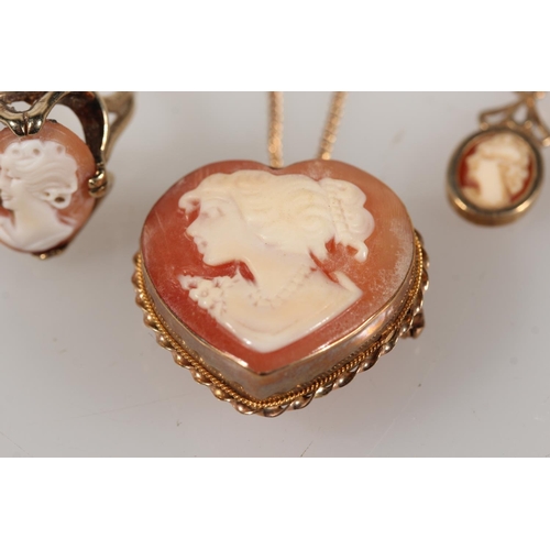470 - 9ct yellow gold cameo set pendant on chain, 9ct old cameo set ring and pair of earrings, 11.3g.