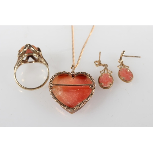 470 - 9ct yellow gold cameo set pendant on chain, 9ct old cameo set ring and pair of earrings, 11.3g.