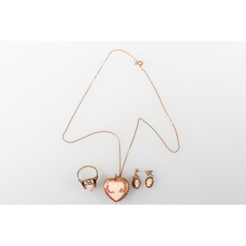 470 - 9ct yellow gold cameo set pendant on chain, 9ct old cameo set ring and pair of earrings, 11.3g.