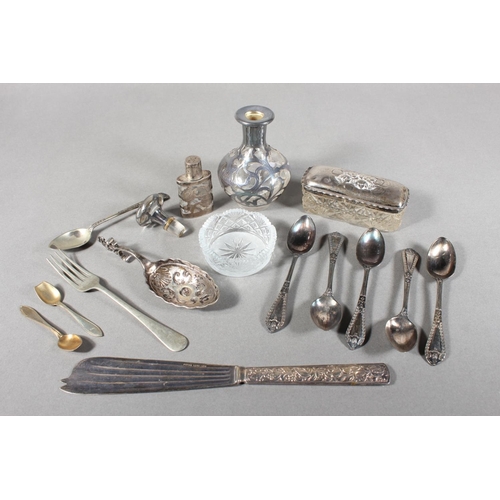473 - Collection of silver plated flatware, silver onlaid scent bottle and another, a silver topped glass ... 