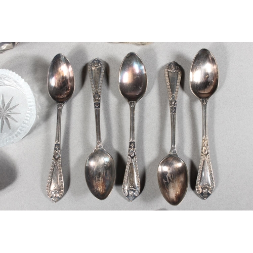 473 - Collection of silver plated flatware, silver onlaid scent bottle and another, a silver topped glass ... 