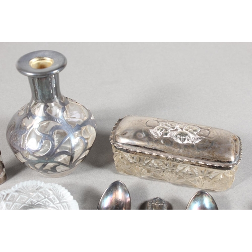 473 - Collection of silver plated flatware, silver onlaid scent bottle and another, a silver topped glass ... 