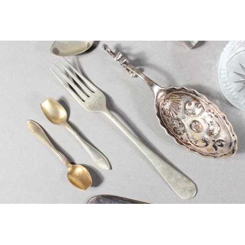 473 - Collection of silver plated flatware, silver onlaid scent bottle and another, a silver topped glass ... 