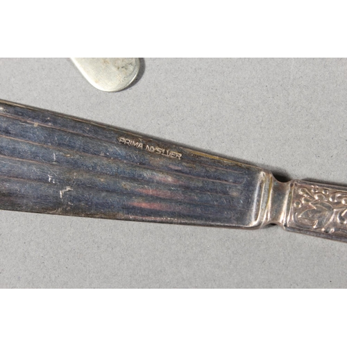 473 - Collection of silver plated flatware, silver onlaid scent bottle and another, a silver topped glass ... 