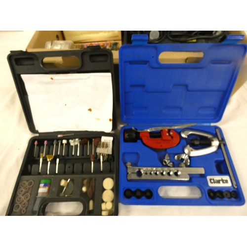287 - Box of hand and power tools including Dremmel, scales and  pipe cutter.