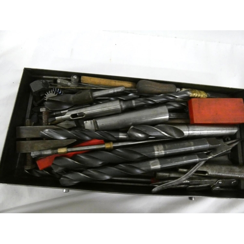 290 - Desk top engineer's tool drawers and contents including dividers, thread files, drills etc.