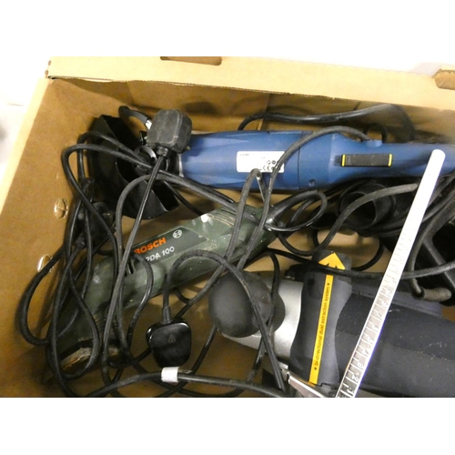 298 - Large box of power tools including circular saw, grinder and plane.