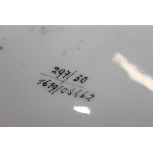 46 - Pair of English porcelain dishes decorated with fox hunting scene vignettes against a green ground, ... 