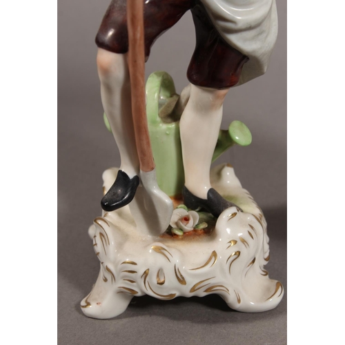 48 - Pair of Saxe of Germany porcelain figures modelled as a gentleman resting on a spade and a female ho... 