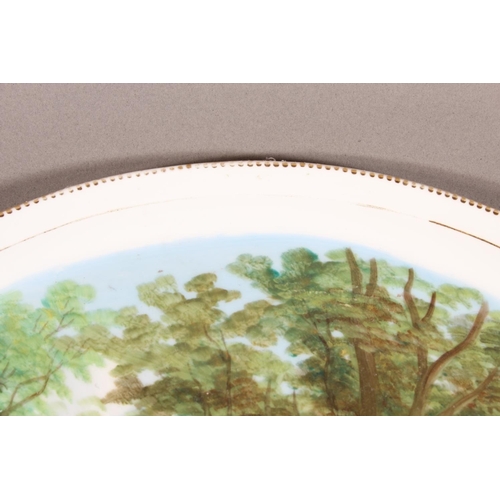 49 - 19th century porcelain twin handled serving tray with hand-painted pond scene titled 'Forge Valley S... 