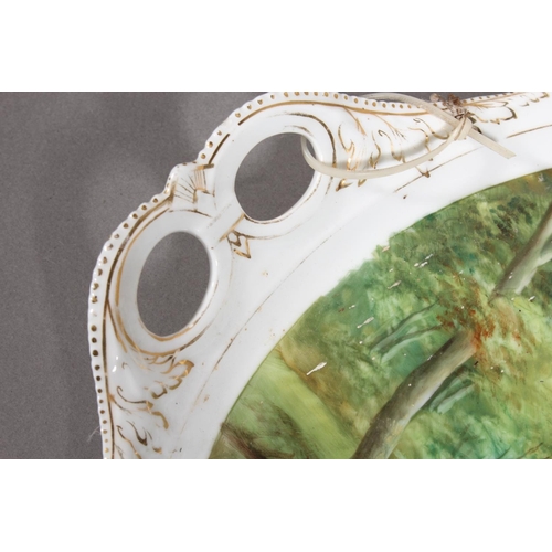49 - 19th century porcelain twin handled serving tray with hand-painted pond scene titled 'Forge Valley S... 